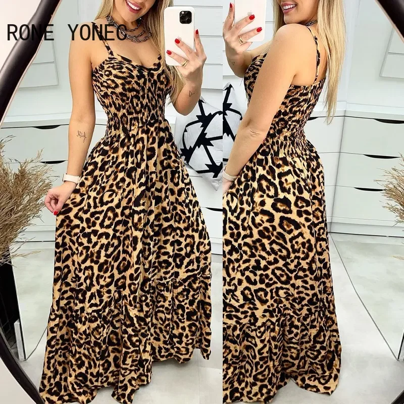 Women Elegant Sexy Spaghetti Straps Leopard Maxi Sexy A-line Party Dresses