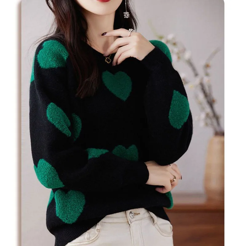 New Autumn/Winter Fashion Korean Edition Colorblock Love Round Neck Loose and Versatile Western Style Slimming Knitted Sweater