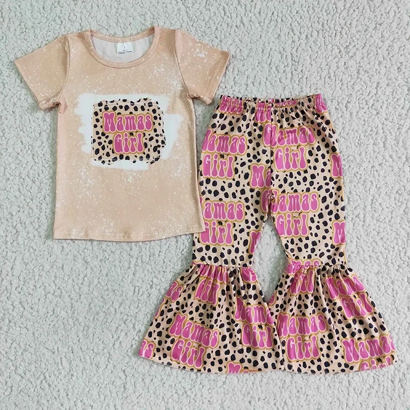 

Mamas Girl Little Baby Clothes Short Sleeve Shirt Mother's Day Leopard Bell Bottom Pants Wholesale Outfits Toddler Clothing Set