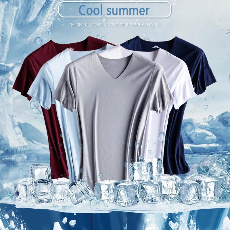 Summer Thin Ladies Ice Silk Seamless Short Sleeve V-neck T-shirt Basic Cotton Tee Men Inside Slim Half Sleeve Tees M-5XL