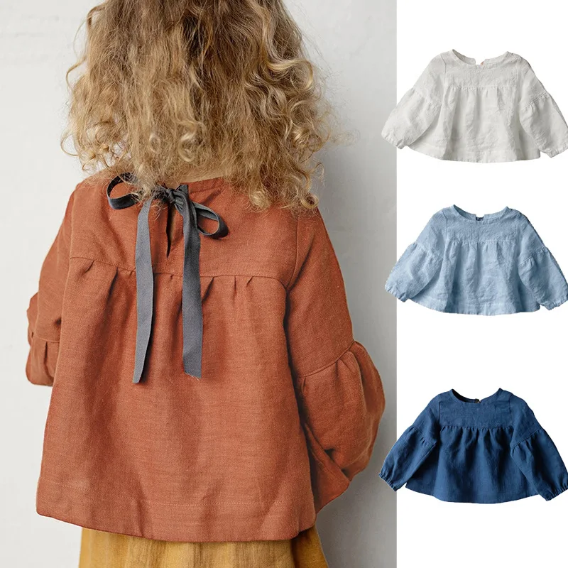 

New Winter Toddler Girls Shirt Puff Sleeve Solid Color Thicken Warm Kids Baby Girks T-shirt Lace Up Little Girls Undershirt
