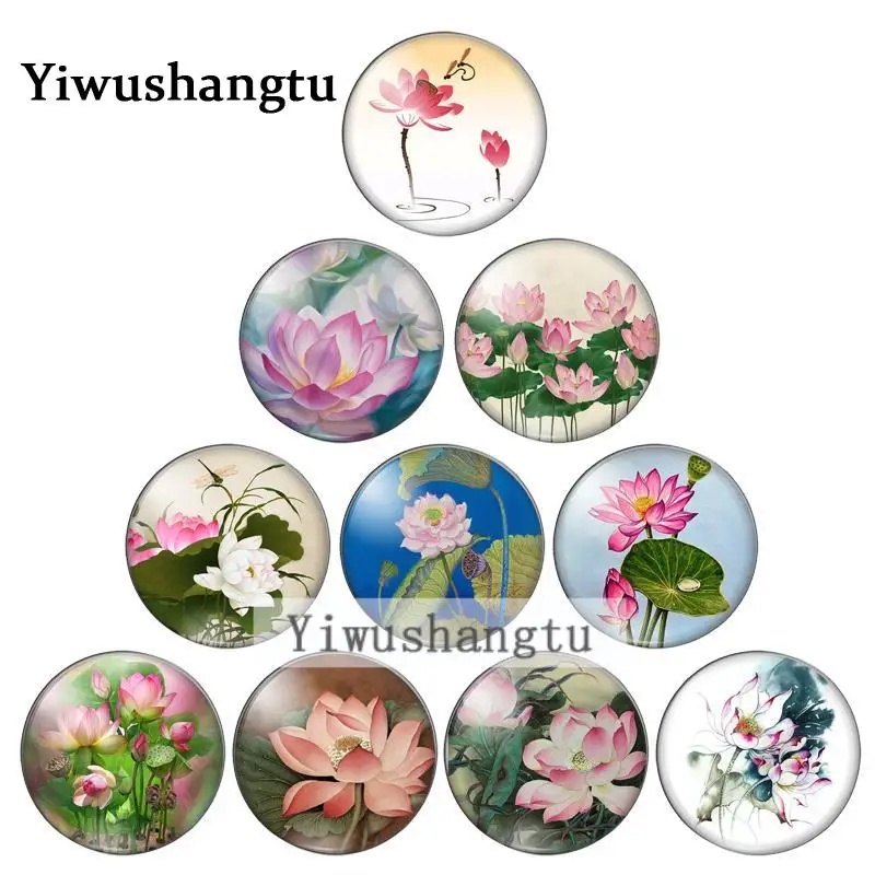 New color drawing plant lotus  8mm/10mm/12mm/18mm/20mm/25mm Round photo glass cabochon demo flat back Making findings ZB0543