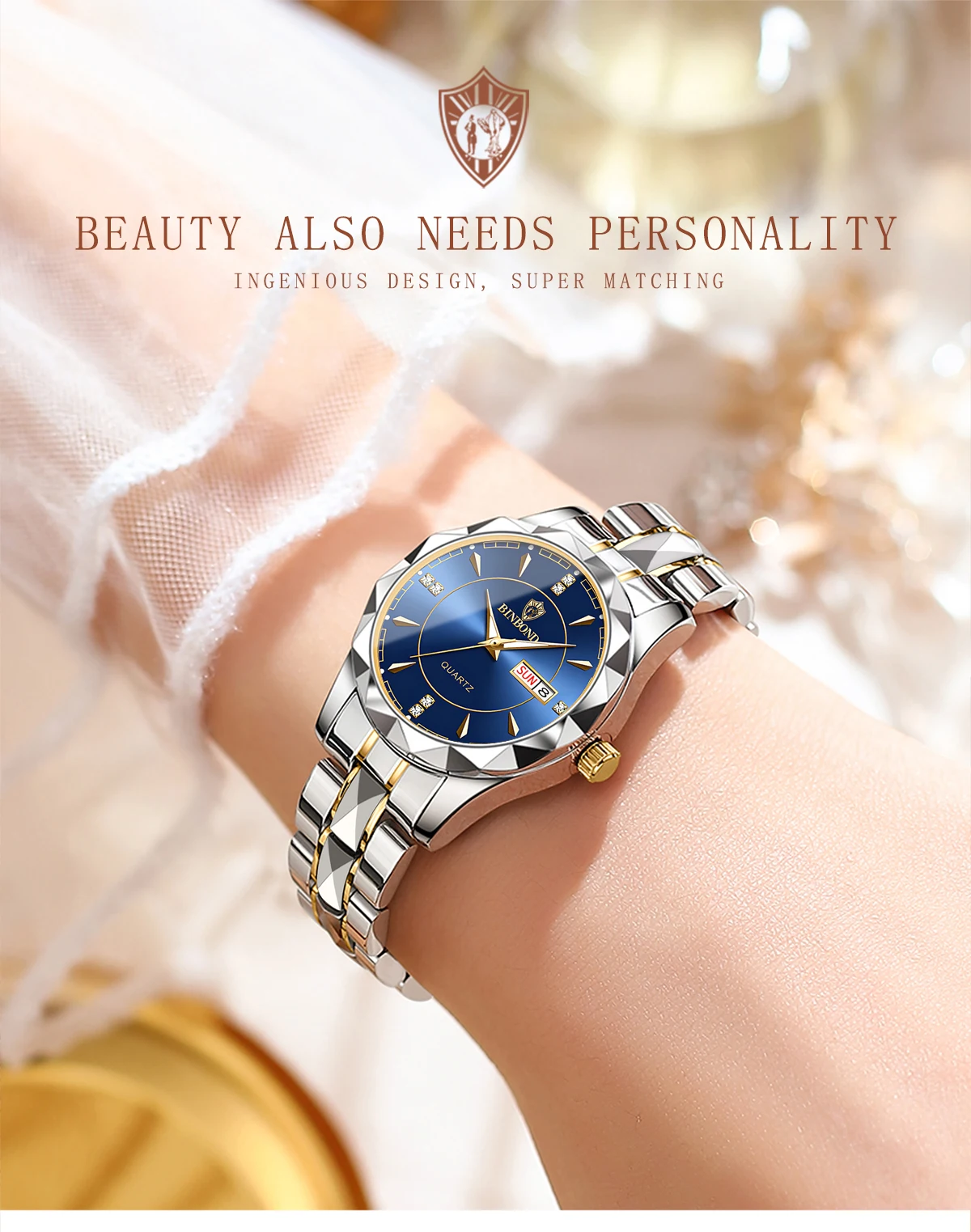 BINBOND Luxus-Quarz-Armbanduhren für Damen, leuchtend, wasserdicht, Wochenanzeige, automatisches Datum, Damenuhren, modisch, lässig, Reloj – Detail 6