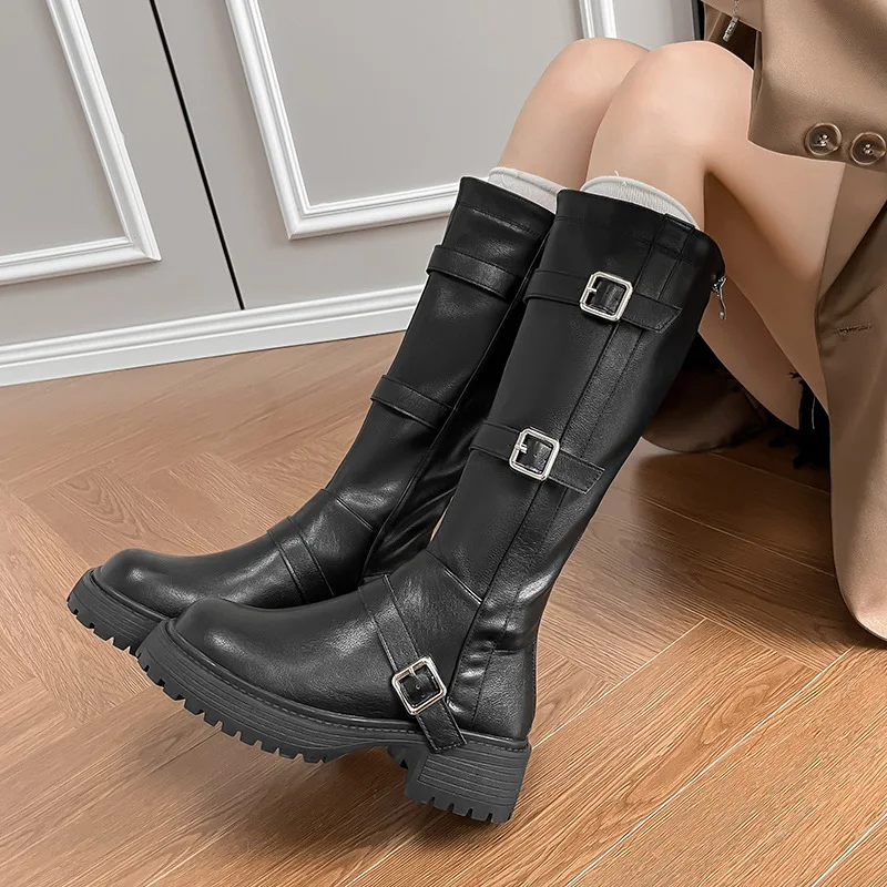 Long boots 2026 autumn and winter fashion square buckle round head thick heel knight boots retro western style long boots