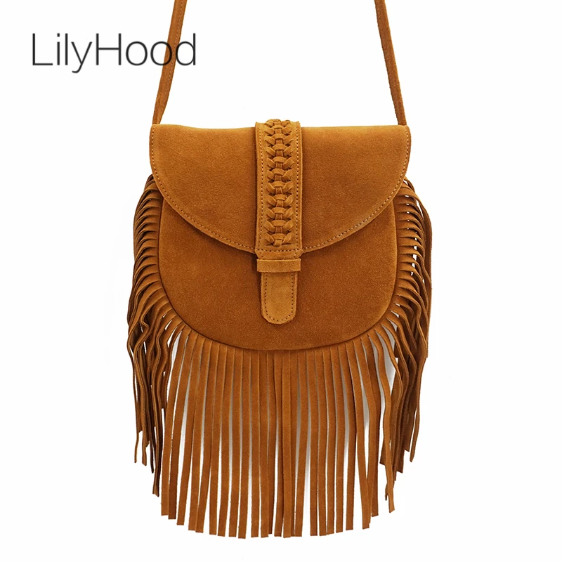 Women Genuine Leather Suede Medium Size Stylish Braid Shoulder Bag Boho Hippie Gypsy Ibiza Bohemian Fringed Phone Side Sling Bag