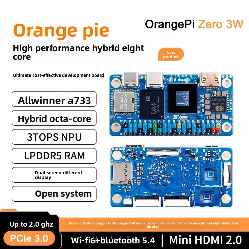 OrangePi Zero 3W Allwinner A733 Cortex-A76+A55 3TOPS NPU 40PIN GPIO MIPI-CSI/DSI Type-C DP IoT Smart Home SBC