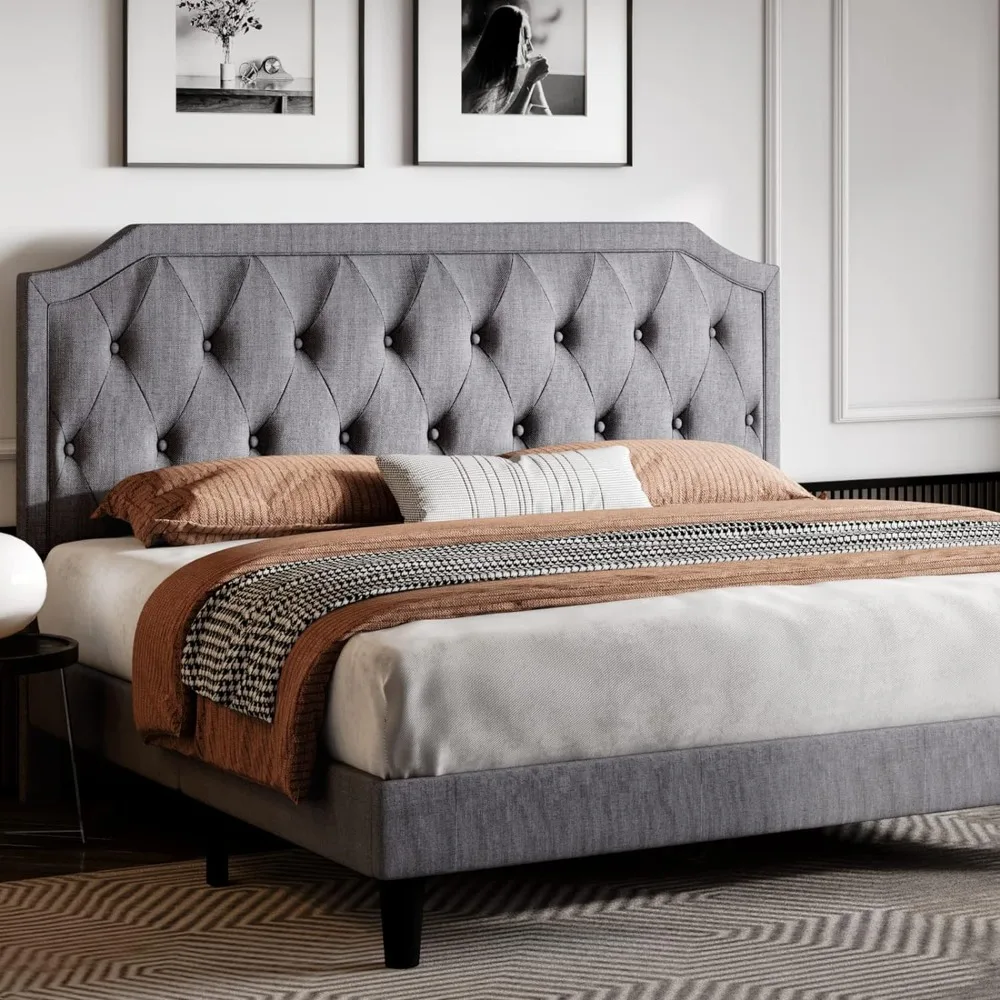 

King Size Upholstered Platform Bed with Curved Rhombic Button Tufted Headboard, Easy Assembly, Light Grey