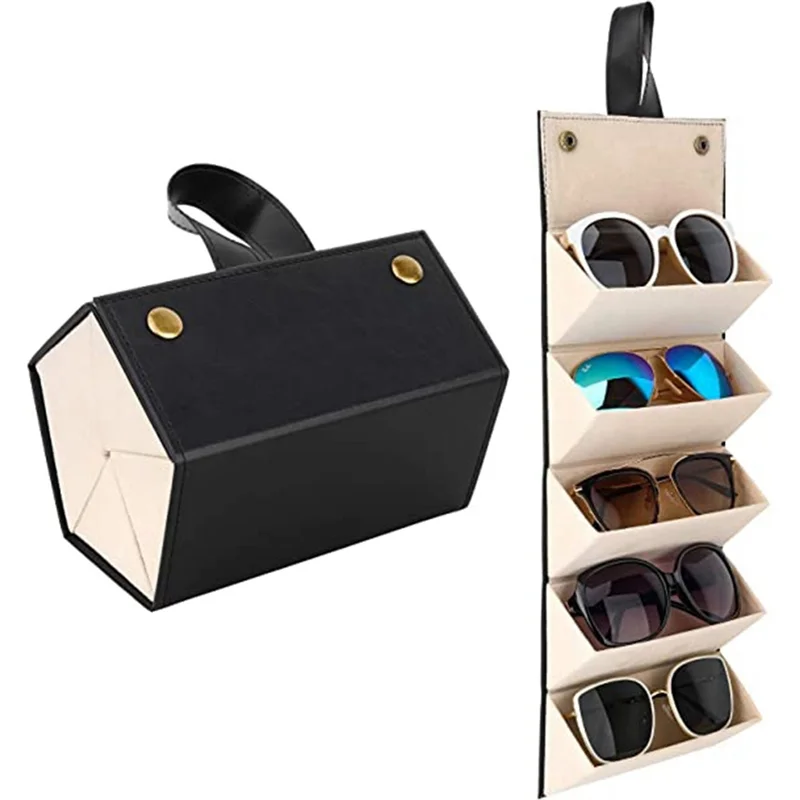 Multiple Travel Sunglasses Organizer Case - PU Leather Hanging Foldable Eyeglasses Case Storage Box for Men Women