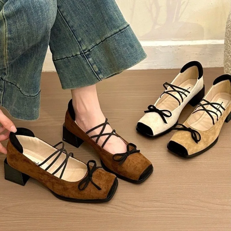 

2025 New High Heels Women Shoes Retro Suede Bow Mary Jane Shoes Women Spring Versatile Thick Heel Single Shoes Женская Обувь