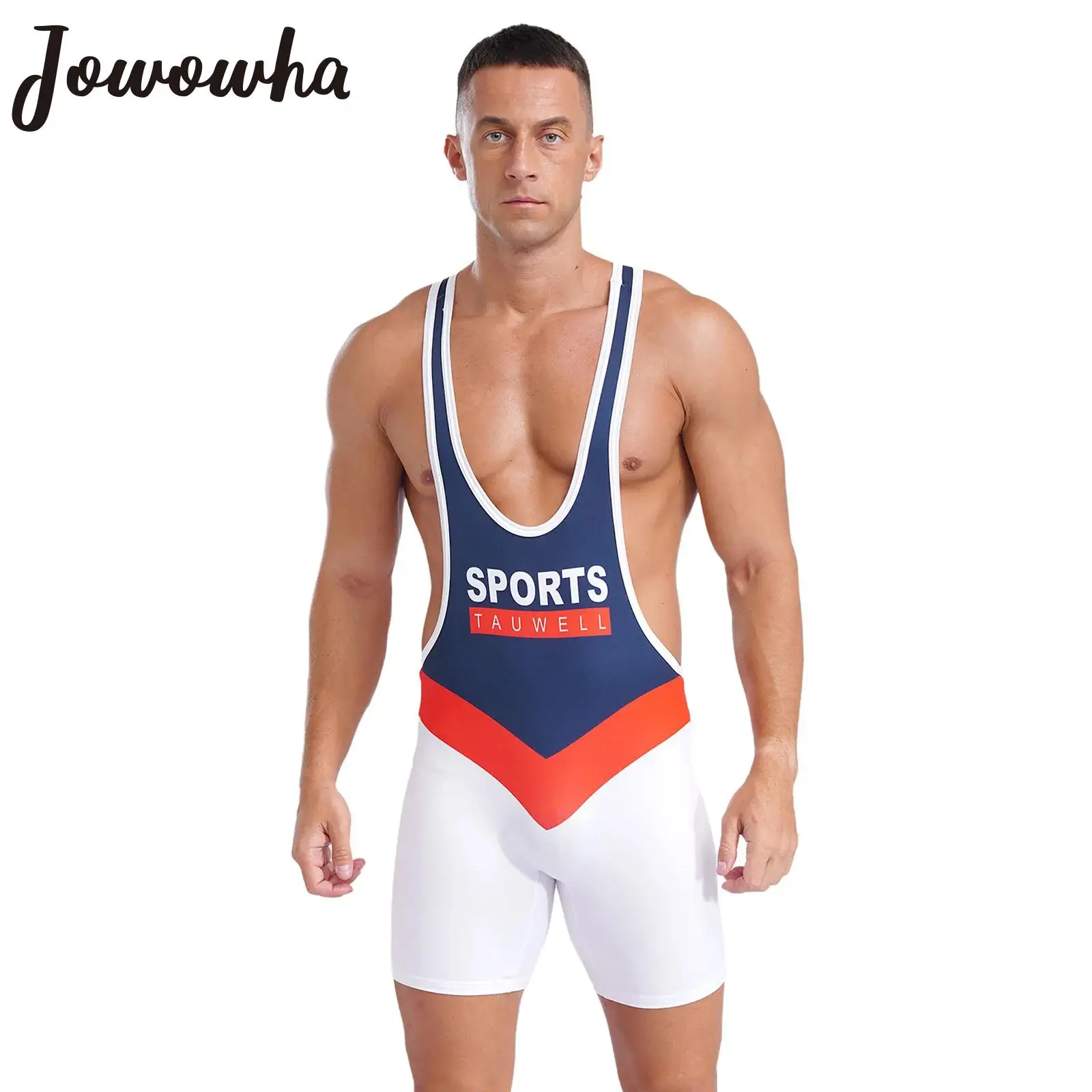 Mens Athletic Wrestling Singlet Bodysuit Y-Back Low Neckline Sleeveless Boxer Shorts Leotard Jumpsuit for Bodybuilding Fitness