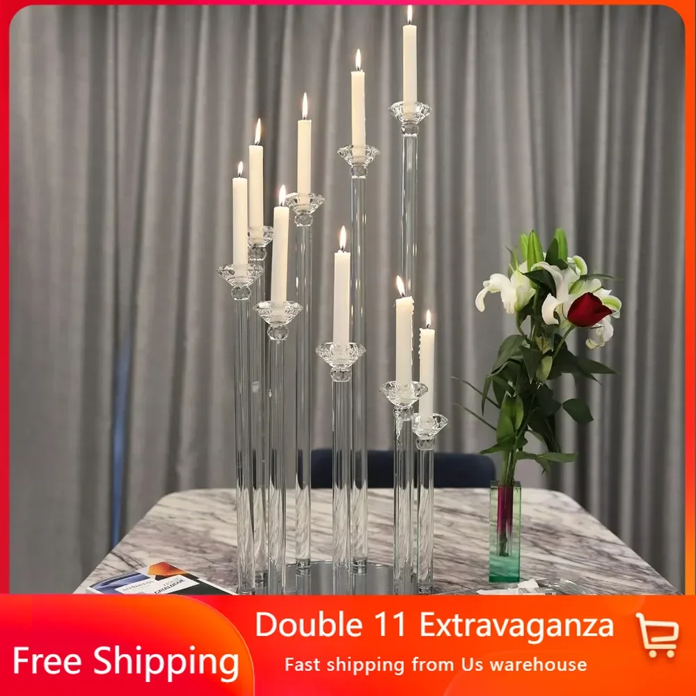 2 Crystal Candle Holders, 9-arm Cone-shaped Candle Holder Center Decoration, with Circular Mirror Holder for Wedding Decoration