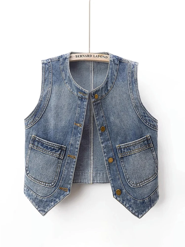 

Retro Versatile Short Denim Vest Women's Spring Autumn Fashion plus Size round Neck Sleeveless Outerwear Shoulder Coat