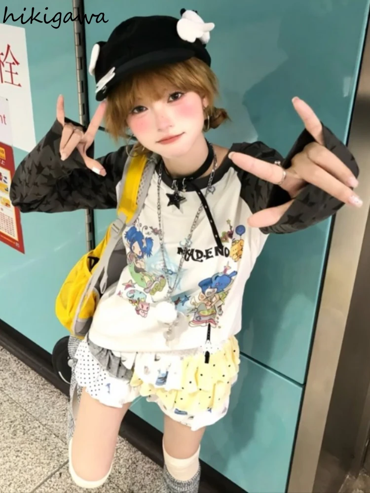 

Japanese Woman T Shirts Long Sleeve Print Camisetas Y2k Tops Casual Camisetas Fashion Cute Summer T-shirt 2025 Women Clothing