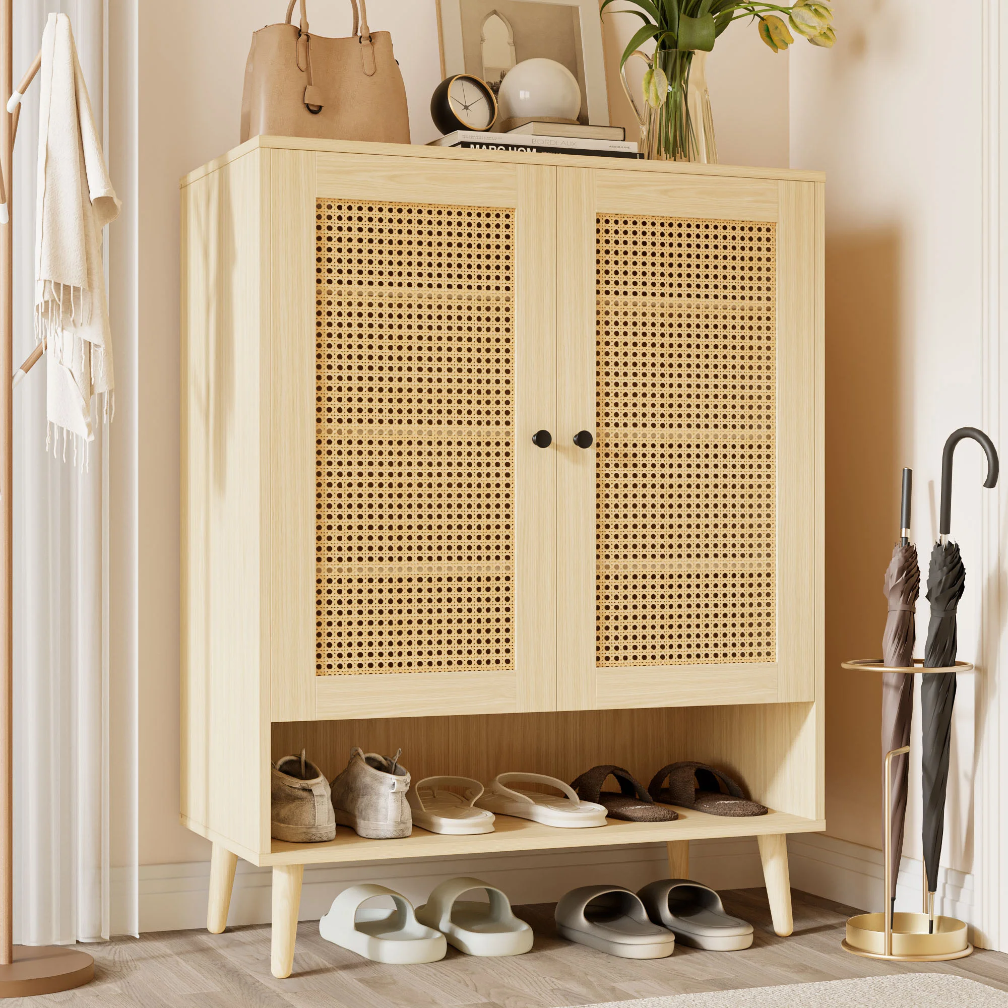 Rattan Shoe Cabinet, 5-Tier Shoe Storage Cabinet with Rattan Doors and Adjustable Shelves, Boho Shoe Organizer Cabinet