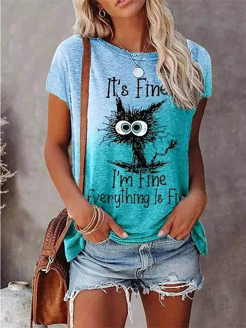 Camisetas con estampado 3D de gatos de dibujos animados para mujer, ropa de calle informal a la moda, camiseta de manga corta con cuello redondo,
