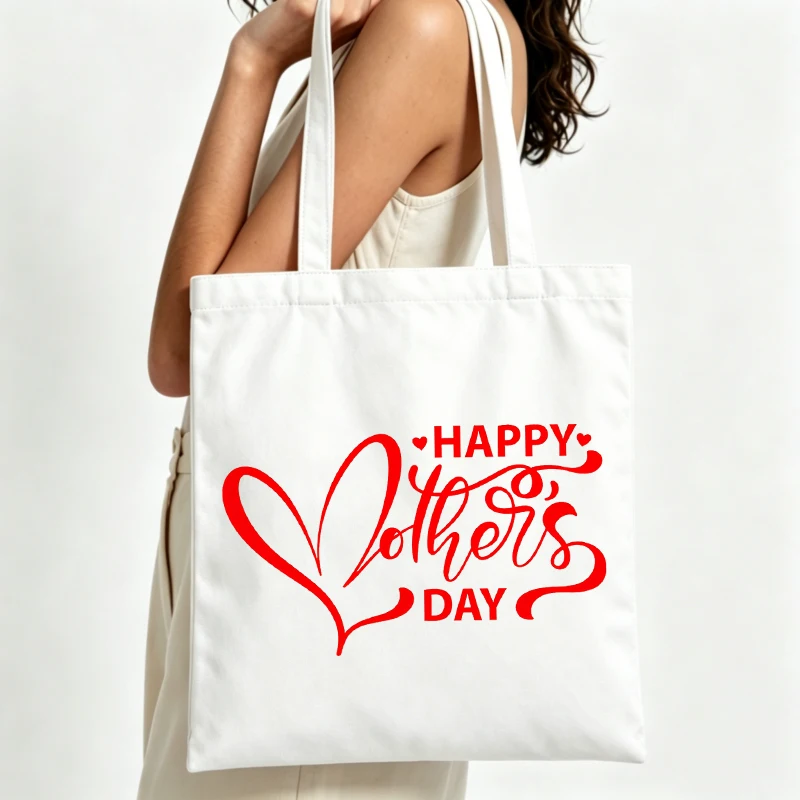 Women's heart and handwritten text canvas tote bag, casual style for daily shopping and Mother's Day gift