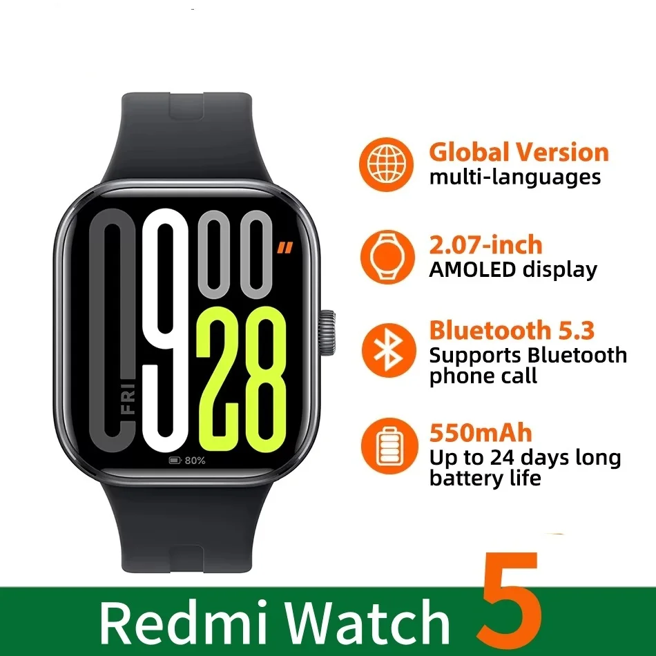 

Глобальная версия Xiaomi Redmi Watch 5 Смарт-часы Bluetooth Телефонный звонок Дисплей 2,07 дюйма Аккумулятор 550 мАч Мониторинг здоровья Спортивный режим