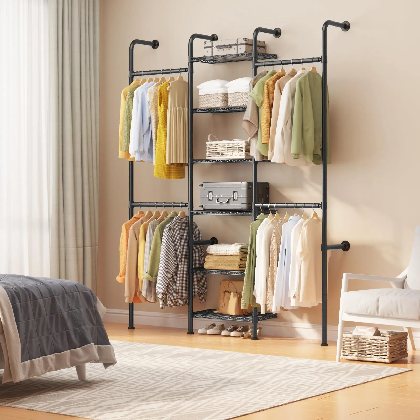 Wall Mounted Pipe Closet System, Carbon Steel Wall Mounted Clothes Rack for Closet Storage, Expandable Rods 23.62-35.43 in, 6 Wire Shelves, Matte Black | Carbon Steel. Expandable Rods 23.62-35.43in. 6 Wire Shelves. Wall Mounted Pipe Closet System. Matte B