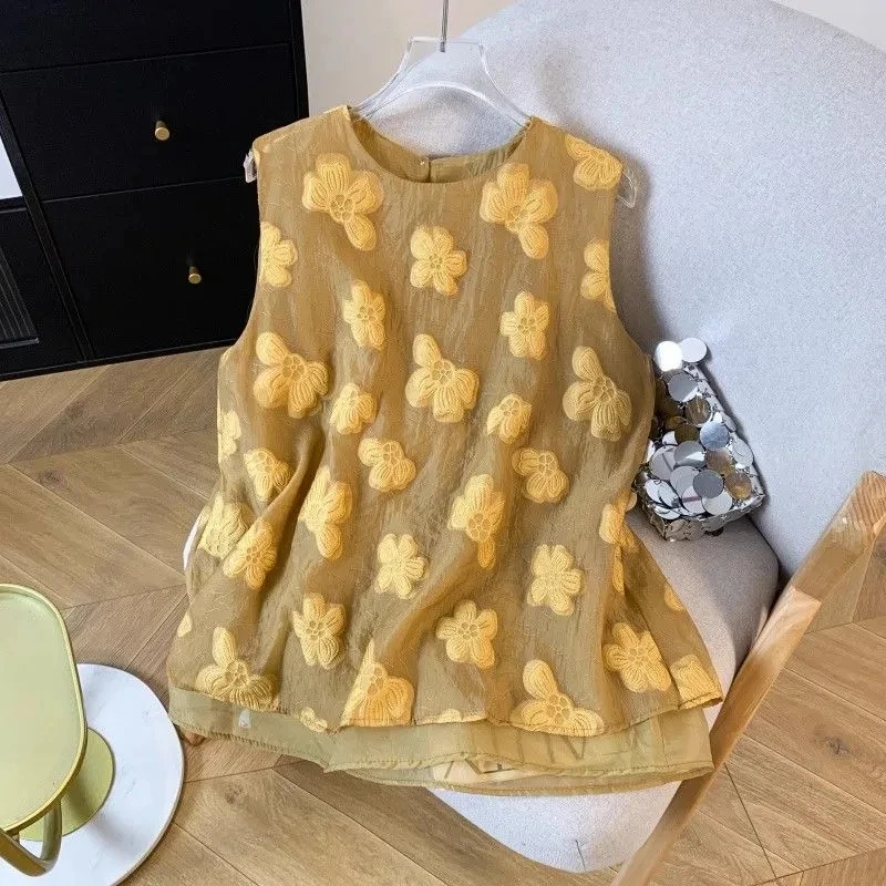 

Women's Loose Size Yellow Floral Embroidered Sleeveless Tank Top Casual Loose Double Layer Camisole Slimming Summer 2026