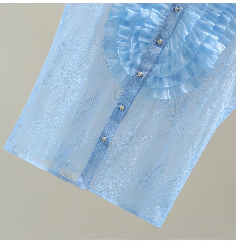 Ruffles Edge Short-sleeved Blue Shirt 2025 Women Summer Lotus Leaf Edge Embroidered Solid Color Casual Lace Blouse Tops
