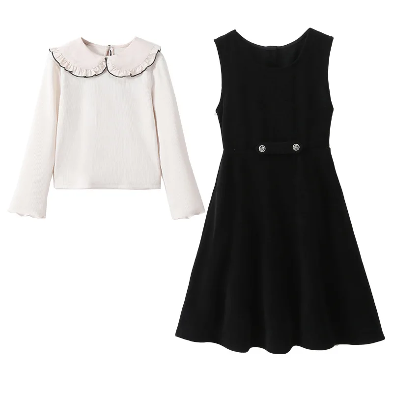 2 Piece Set 2026 Spring Winter Kids Girls Teens Lace White Shirt Blouse + Princess Suspender Skirt Dresse Clothing 4 10 12 Year