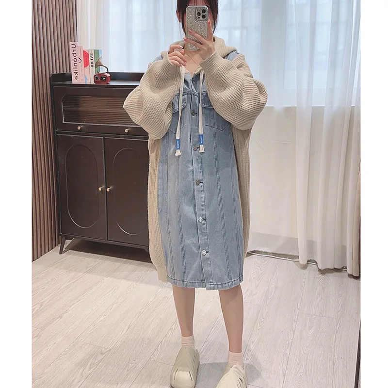 SuperAen Denim Patchwork Sweater Coat Women 2024 Autumn Winter New Fashion Design Long Hooded Knitting Cardigan Casual Coat