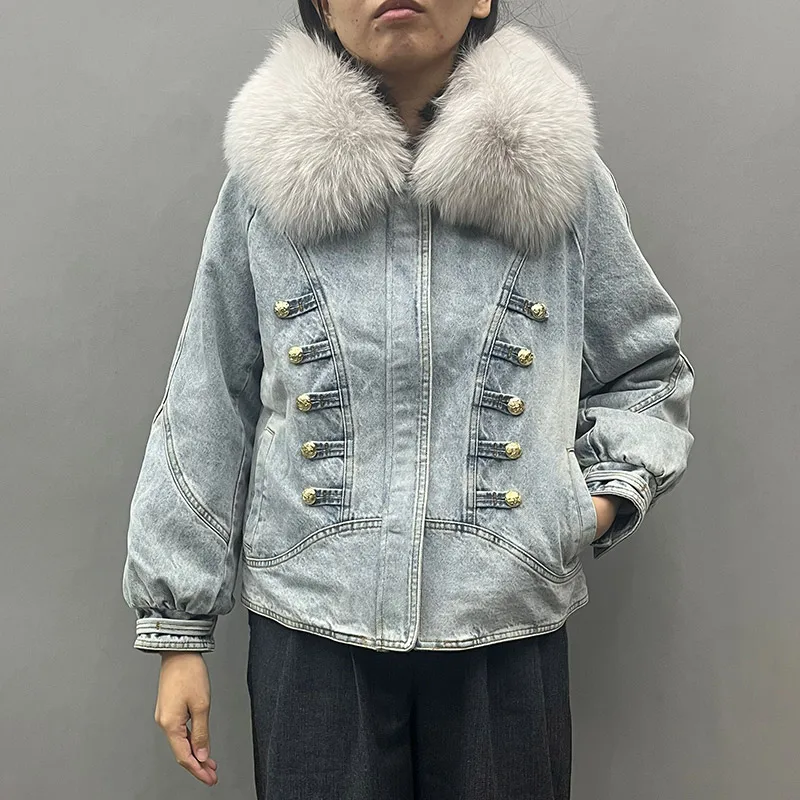 Lady Winter Goose Down Denim Jacket Coat Big Real Wool Collar Women Outerwear Thick Warm Padding Coats