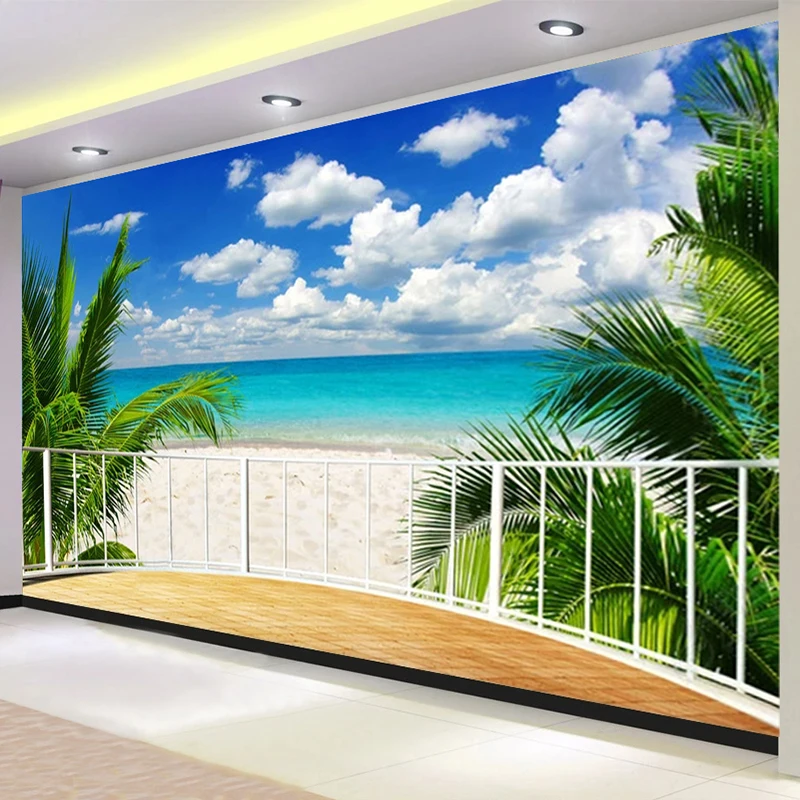 

Custom 3D Poster Wall Painting Sandy Beach Seaside Scenery Balcony Living Room TV Background Wall Mural Photo Wallpaper Modern