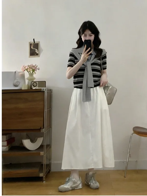 

plus Size Women's Striped Short Sleeve Knitwear Color Block Summer New Style Half Skirt Shoulder Padded Casual Commute Fashion