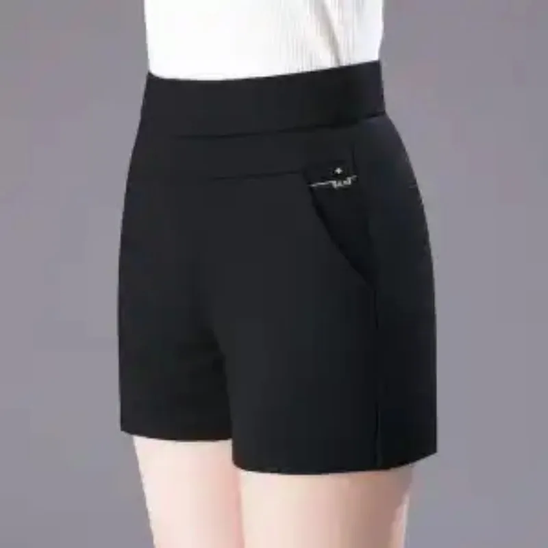 Women High Waist Solid Suit Shorts Elastic Waist Embroidered Pocket Slim Casual Daily Mom Short Pants