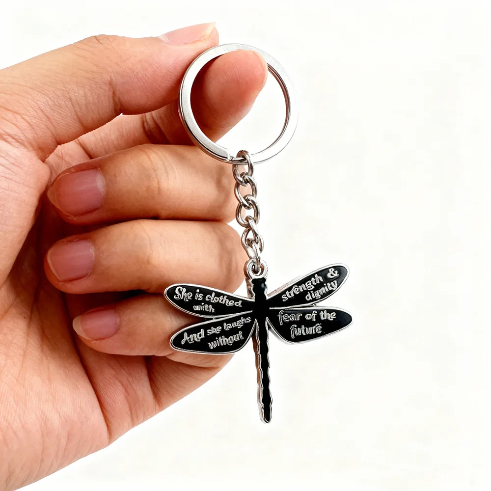 Porte-clés libellule en émail métallique avec mots inspirants, pendentif force et dignité, cadeau d'encouragement pour femme