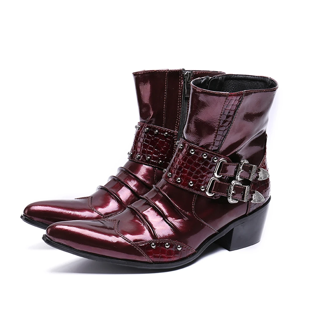 Buckle Red Rhinestone Patent Leather Thick High Heels Pointed Toe Boots Male Plus Size Party British Style Cowboy Dress Shoe