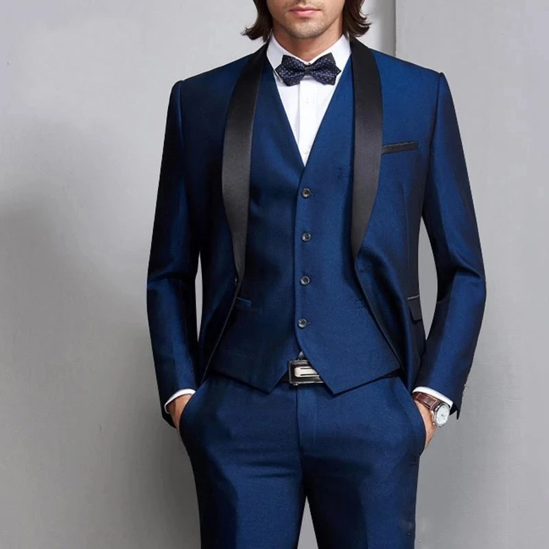 Xanh Dương Nam Bộ Quần Áo Cưới 3 Cái Trang Phục Homme Cưới Chú Rể Tuxedos Phù Rể Kinh Doanh Vũ Hội Phù Hợp Với Mỏng Phù Hợp Với Áo Vest Blazer quần