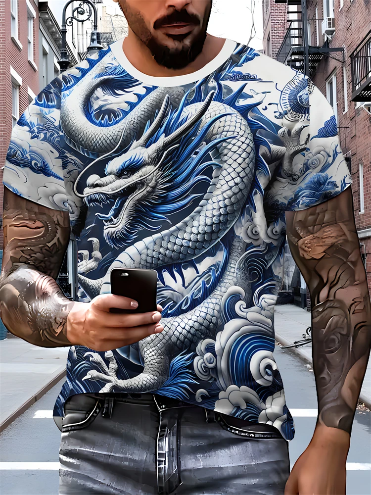 2025 New Men's 3D Dragon Print T-shirt Casual Short-sleeved Pullover Polyester Round-neck Summer Outdoor Clothing Adult Size