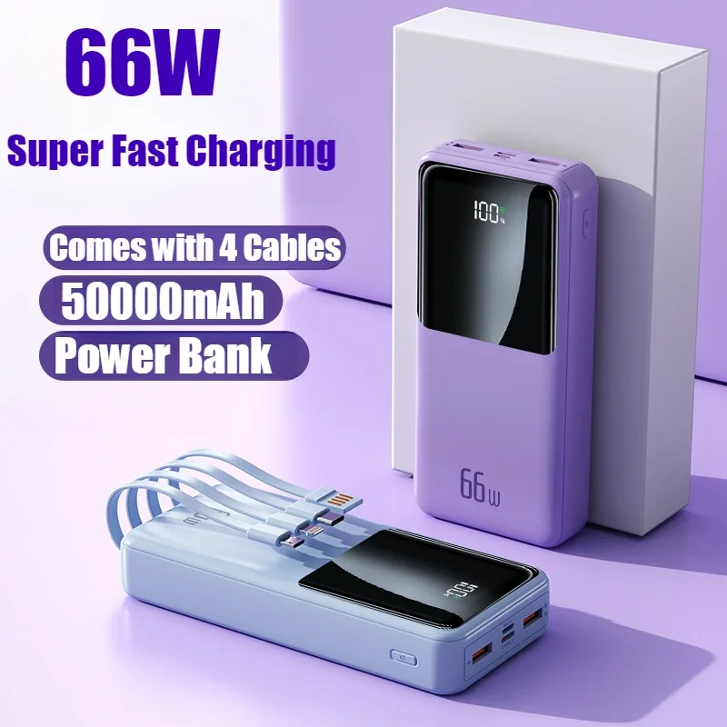 

New PD 66W Portable Power Bank Fast Charging with Cable External 50000mAh Battery Charger Cases for IPhone Samsung Huawei Xiaomi