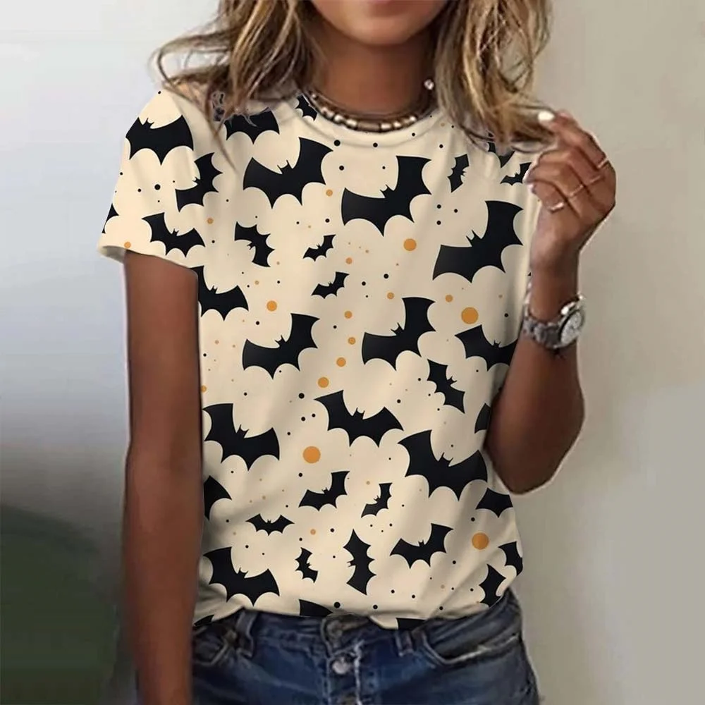 New Halloween Women's T-shirt for Girls Summer Short Sleeve Pumpkin Head Clothes Day of The Dead Skull Pattern Oversized Tee
