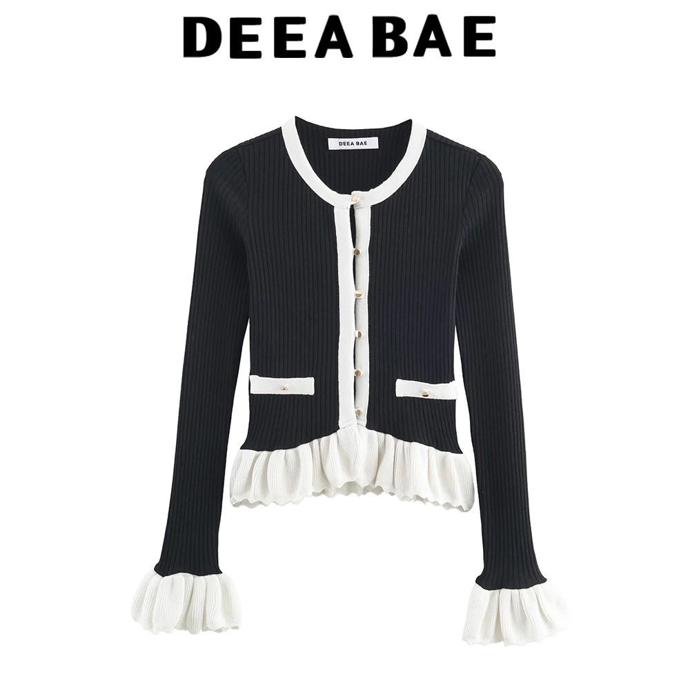 

DEEABAE 2025 autumn new women's clothing sweet temperament round neck long sleeved contrasting knitted patchwork jacket