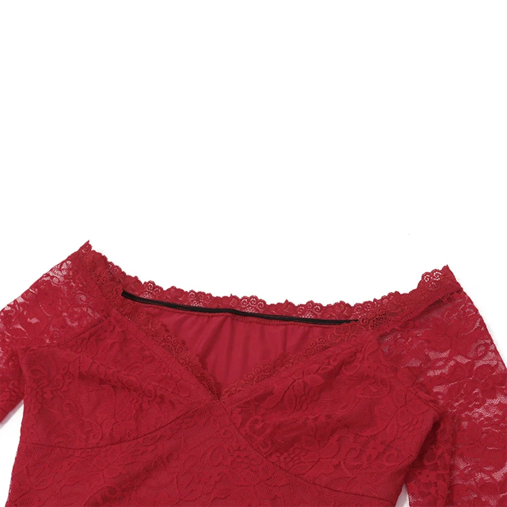 Vestido largo recortado de encaje con cuello en V y hombros descubiertos para mujer Pop vestido ajustado de manga larga envolvente a la cadera elegante y Sexy