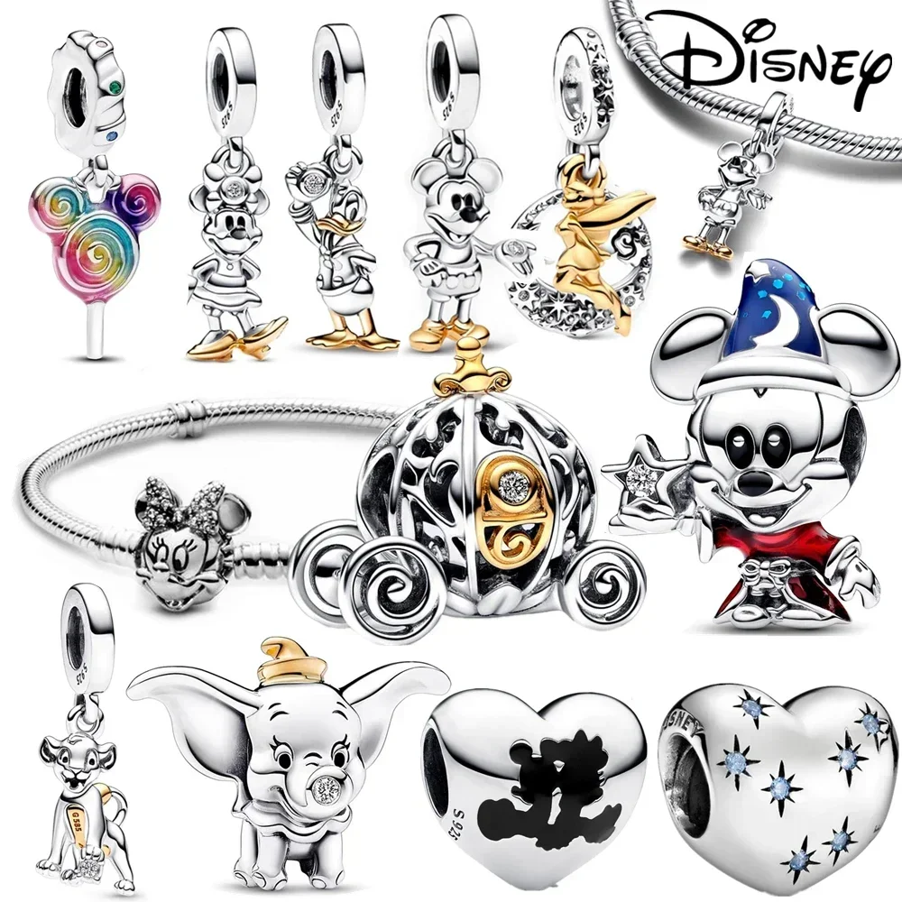 Disney Stitch pesona Minnie Mickey Mouse menjuntai cocok gelang Pandora Perak 925 manik-manik asli jimat untuk liontin hadiah perhiasan