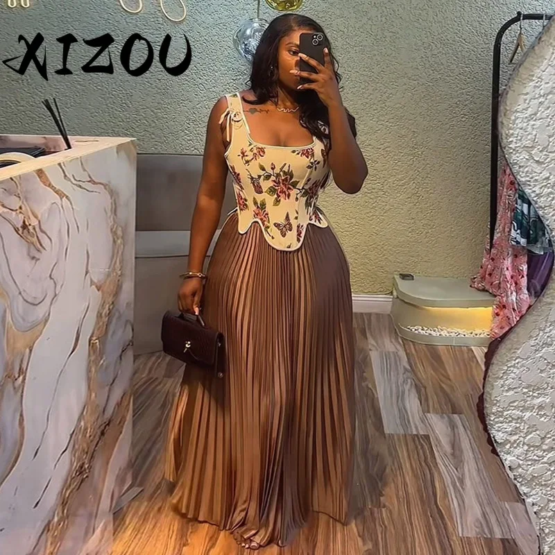 

XIZOU Sweet Two Piece Skirts Set for Women Printed Vest Top + High Waist Ruched Skirt Female Streetwear Outfits 2025 Summer