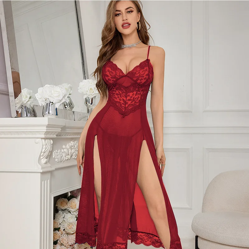 

Hot Sale Sexy Women Lingerie Night Dress Spaghetti Strap Sleeping Dress Lace Mesh Split Long Skirt Home Wear Nightgown Sleepwear