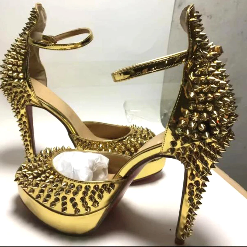 Summer Ladies Glitter Golden Rivets Studs Sandals Women Shiny Leather Ankle Straps Ladies Rock Stage Bling Spikes High Heels