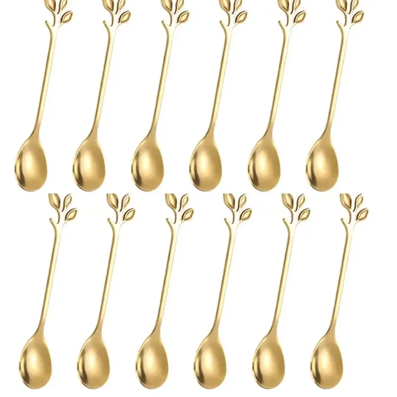 12 Pcs Stainless Steel Gold Tree Leaf Spoon Coffee Spoon Fruit Spoon Tea Spoon Creative Home Restaurant Dessert Cutlery Set