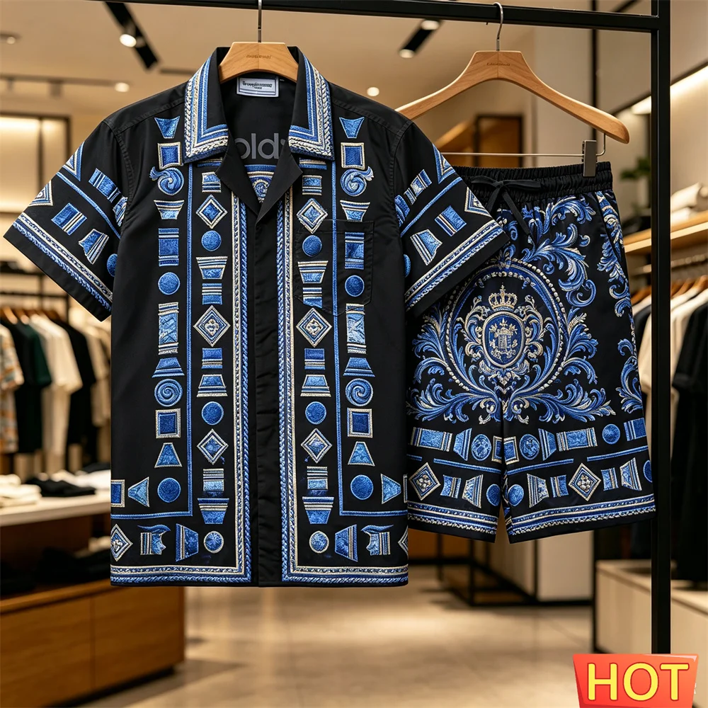 Summer Men's Hawaiian Vacation Shirt Set Breathable men's casual two-piece set Home Set Retro pattern shirt set shirt pants sets
