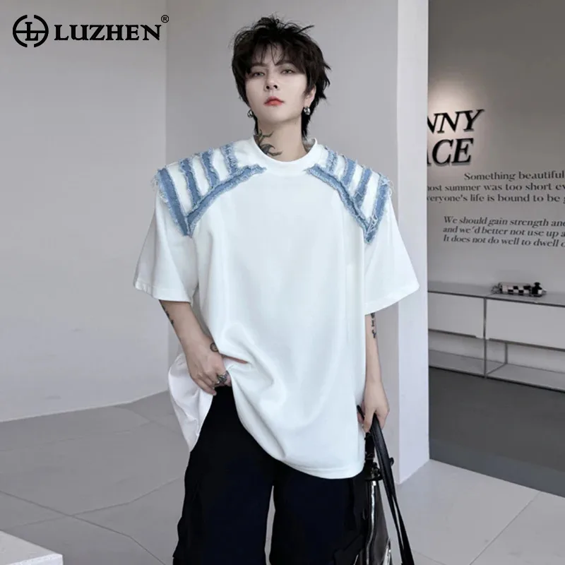 

LUZHEN T Shirts Sleeve Trendy Short Patchwork 2025 Summer Denim Design Original Stylish Street Handsome Men's Cotton Tops JY2510