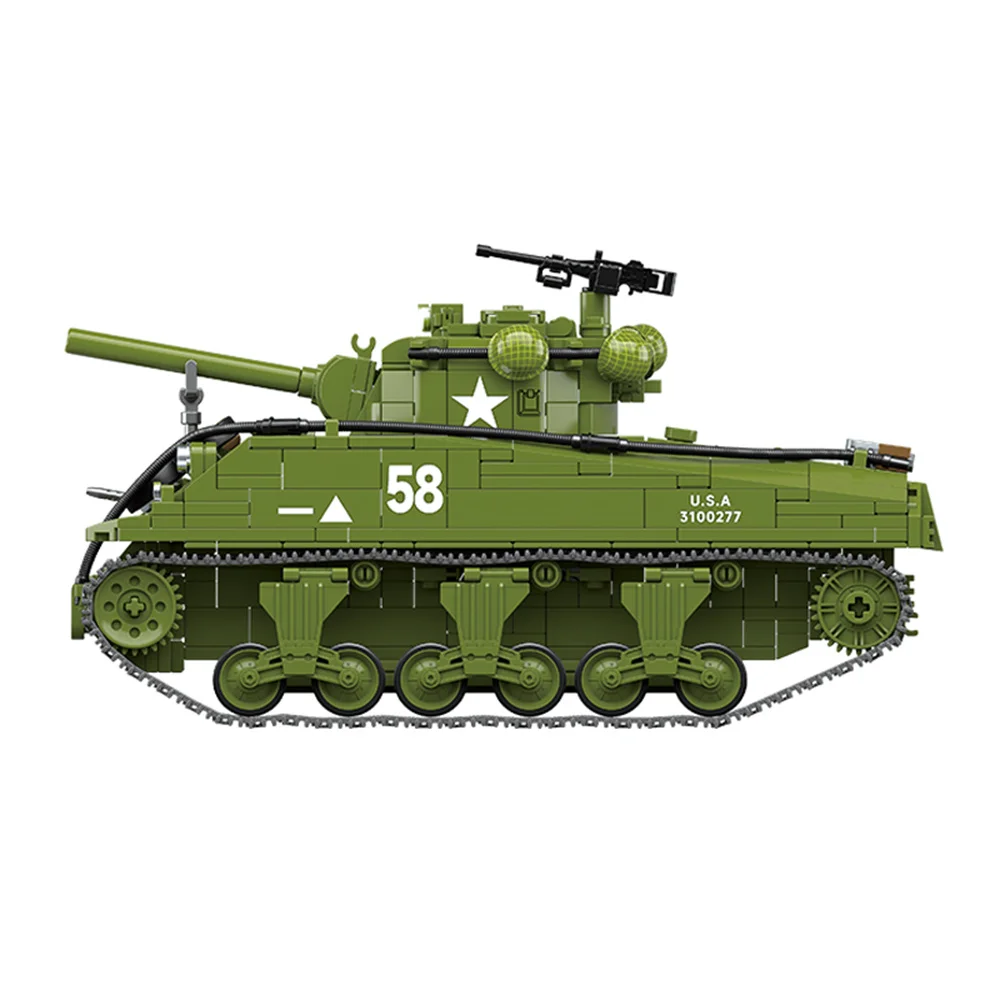 WW2 Military Army Soldiers World War 2 M4A3 Sherman Medium Tank Model MOC DIY Building Blocks Bricks Toys For Children