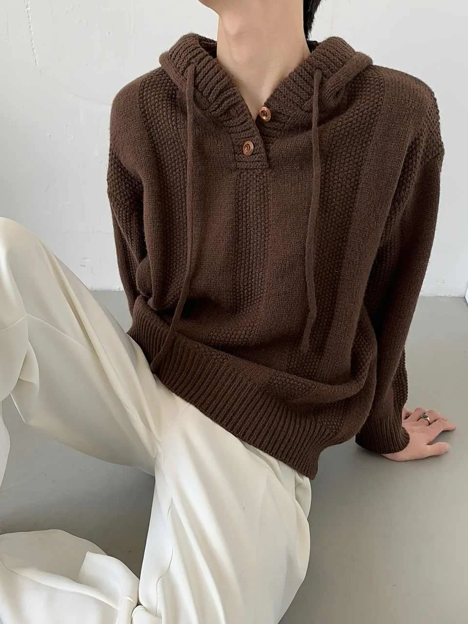 

Autumn Winter Lazy Sle Hooded Knitted Long Sve Men's Design Sense Overhead Sweater Inner Woolen irt Jaet Trendy