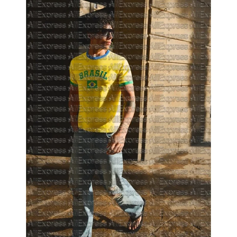 2026 Summer Hot Selling Brazil Yellow Printed Fashion Leisure Loose Comfortable Cultural T-shirt Adult and Children Sportswear