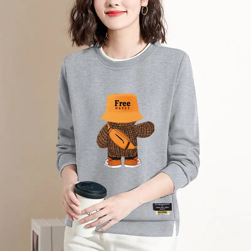 New Spring and Autumn Women\'s Solid Color O-Neck Long Sleeve Loose Letter Printed Pullovers Korean Fashion Comfortable Tops