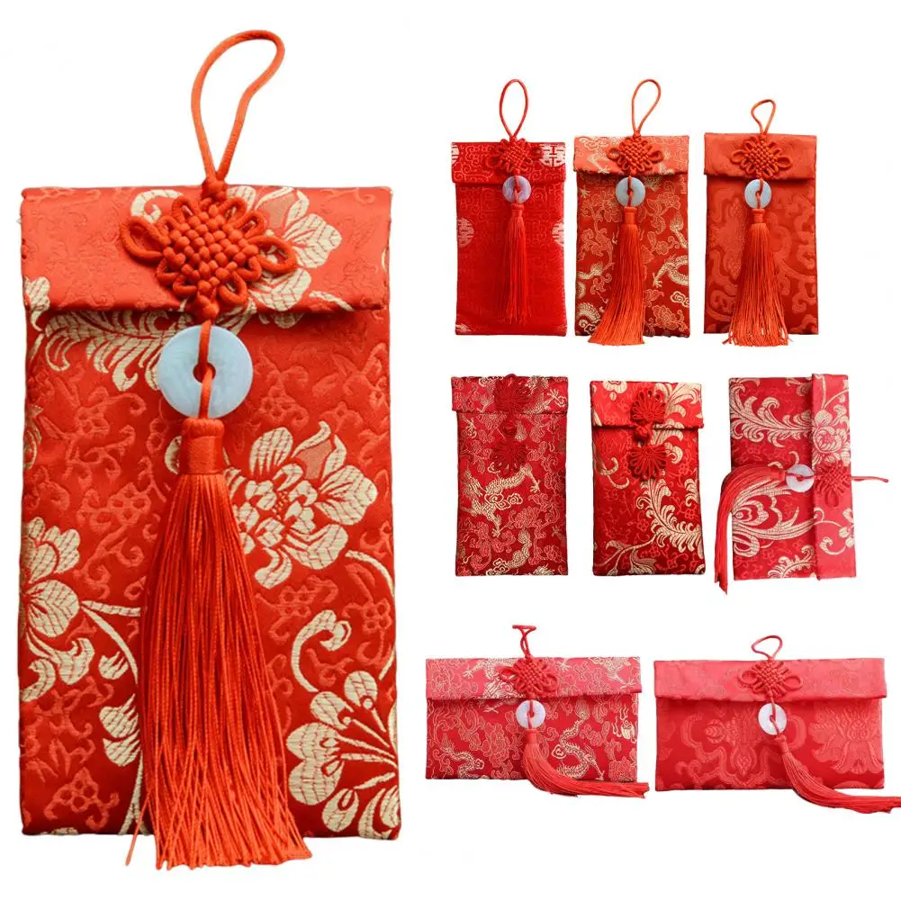 Envelope vermelho de seda falsa com fivela de nó chinês, envelope para casamento chinês, festival da primavera